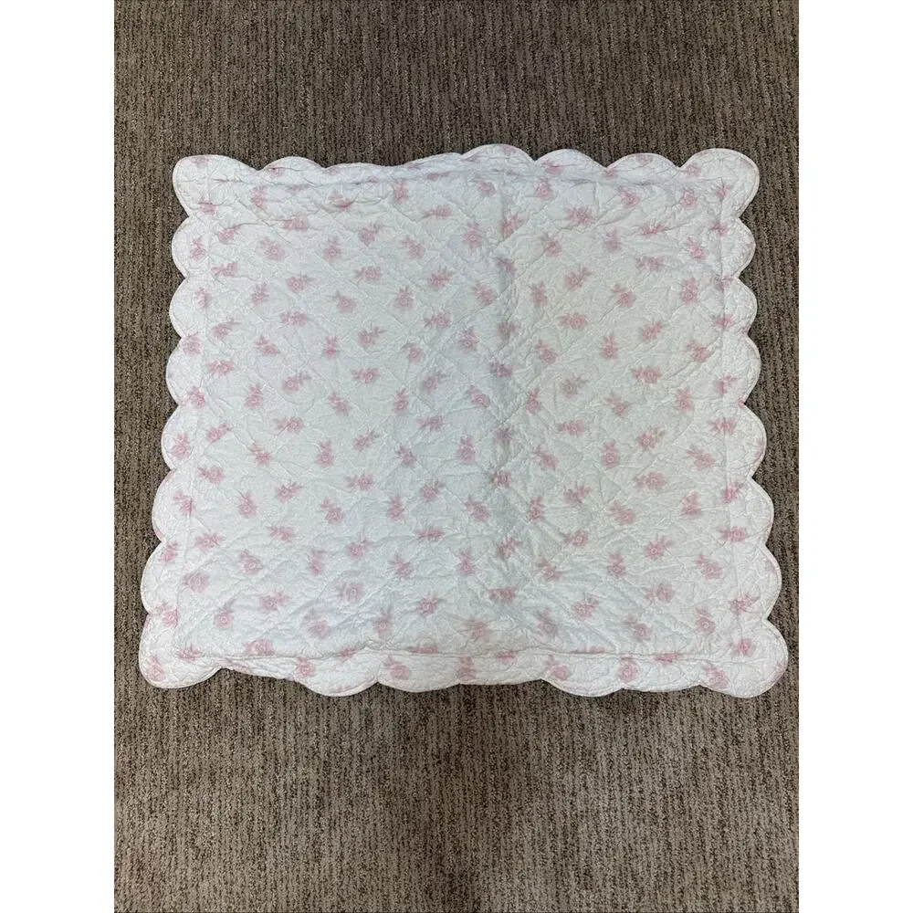 Yves Delorme Twin Size Pink Floral Eglantine Scallop Quilt Coverlet Sham Cotton